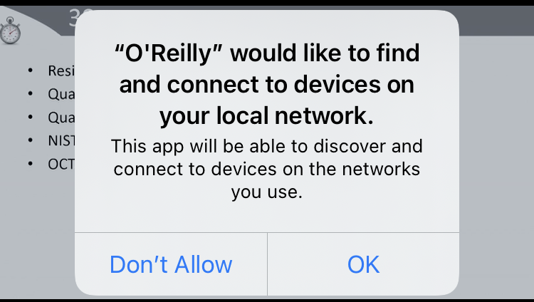 IT_Sec's tweet image. After the iOS 14 update I keep getting prompted to allow random apps to enumerate my network. Why does an online training app from @OReillyMedia need to scan my home network.  No way this feature is abused right?