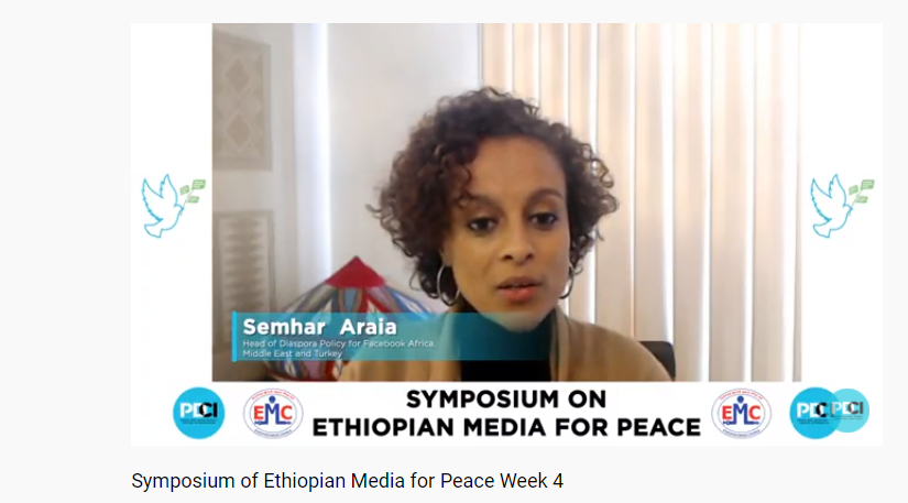 EthiopiaPDCI's tweet photo. Semhar Araia, Head of Diaspora Policy for Facebook Africa, Middle East and Turkey is now LIVE speaking on Facebooks policy and stance towards addressing hate speech &amp; disinformation. #mediaforpeace https://t.co/JZ24PTkudG https://t.co/RB3FmBVLzT