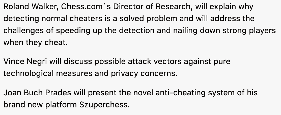LondonChessConf's tweet photo. Sat 15:00 - 16:00 GMT
How to Detect Cheating
Roland Walker (https://t.co/eldaxgsYwu Director of Research)
Joan Buch Prades (https://t.co/kfSW0Ihtan)
Vince Negri (@beyond_t_boardGame Ahead Consulting, chair) 
#ChessTech2020 https://t.co/9l8hRthMsO