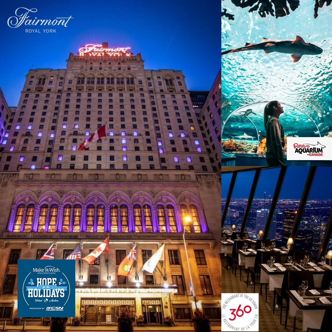 Experience #Toronto in style! Bid on the Ultimate Experience package in the Hope for the Holidays virtual auction. Includes a 3-night stay at <a href="/FairmontRYH/">Fairmont Royal York</a> a $400 GC for 360 Restaurant at the <a href="/TourCNTower/">CN Tower / Tour CN</a> and tickets to <a href="/RipleysAquaCA/">Ripley's Aquarium of Canada</a>. hopefortheholidays.ca.