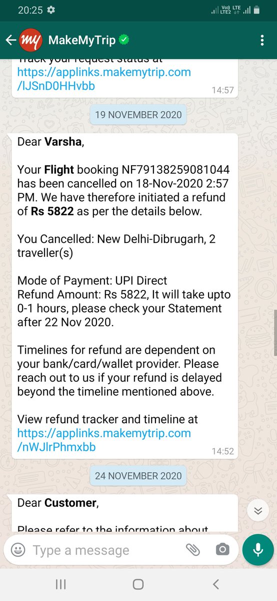 varsharsh810's tweet photo. I'm just fed up with the @makemytrip customer support system. I was raise a refund request for Flight Booking Id NF79138259081044 and PNR NO. PNTCZM. Airlines already refund the amount to @makemytrip on 18th November but I didn’t get my refund amount till now. https://t.co/cMbOeiiNW5