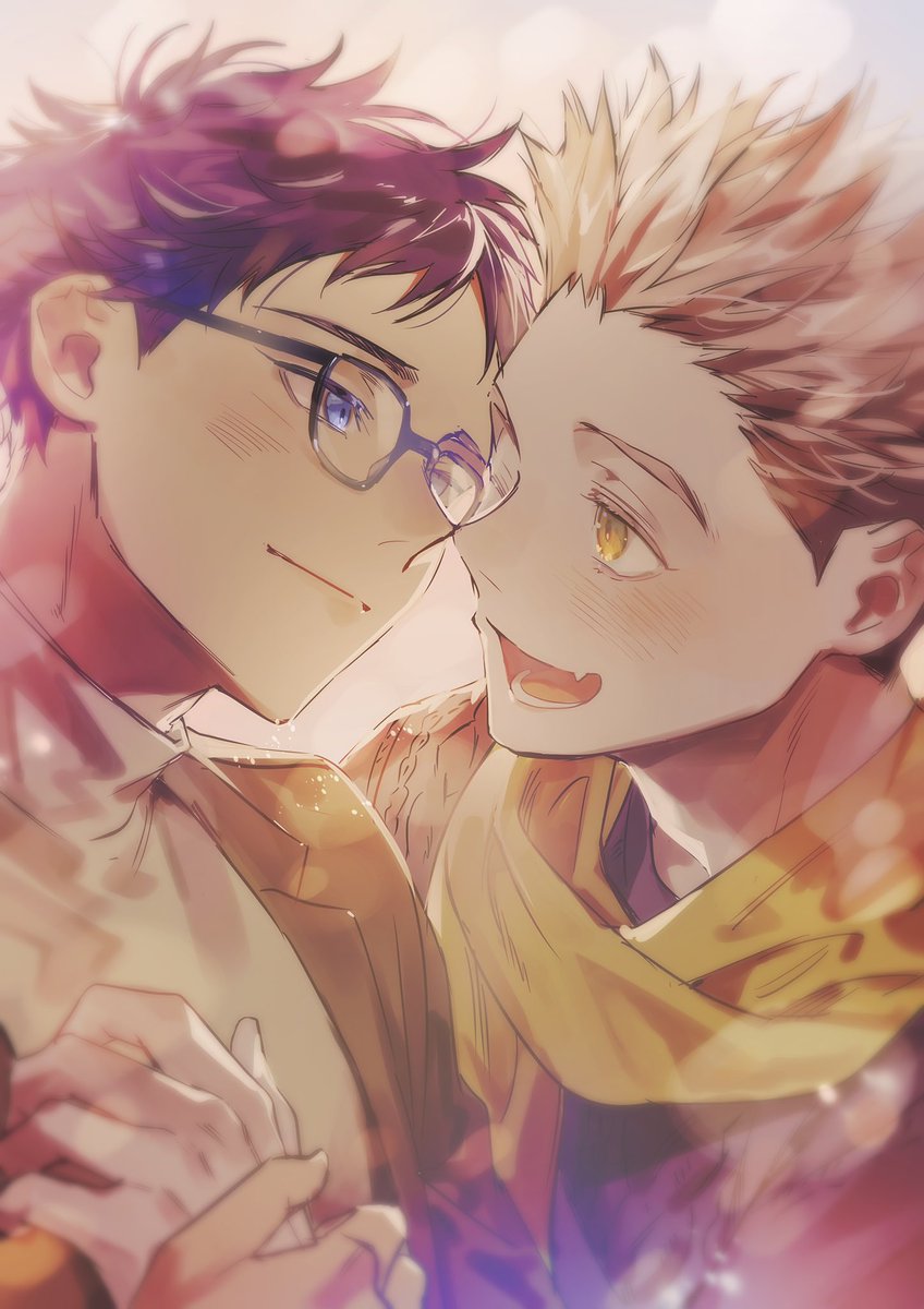 itadori yuuji multiple boys male focus 2boys smile looking at another glasses scarf  illustration images