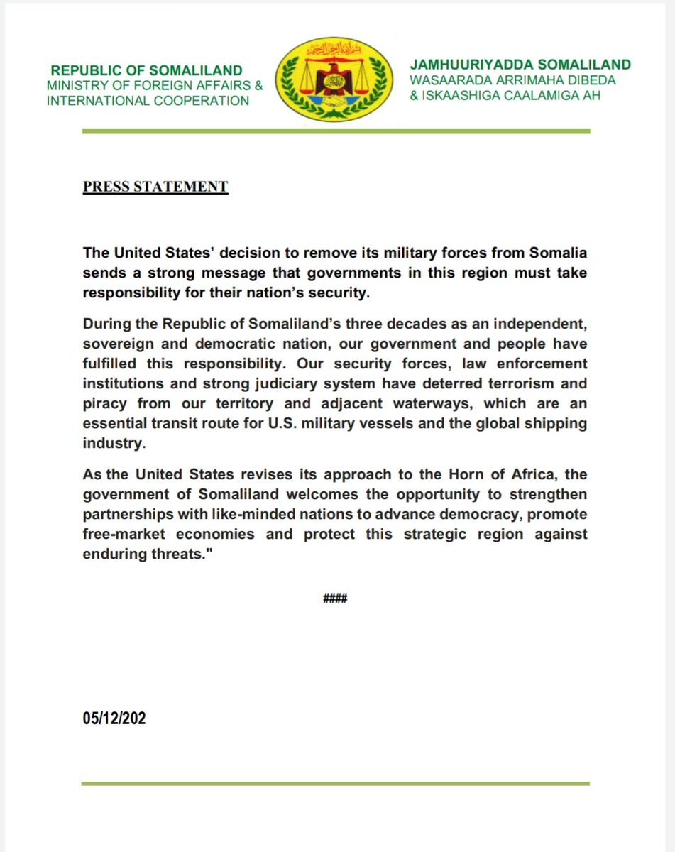 GeeskaM's tweet photo. #Somaliland Applauds #US decision over the withdrawal of its troops in #Somalia https://t.co/xLMcZa02Ls