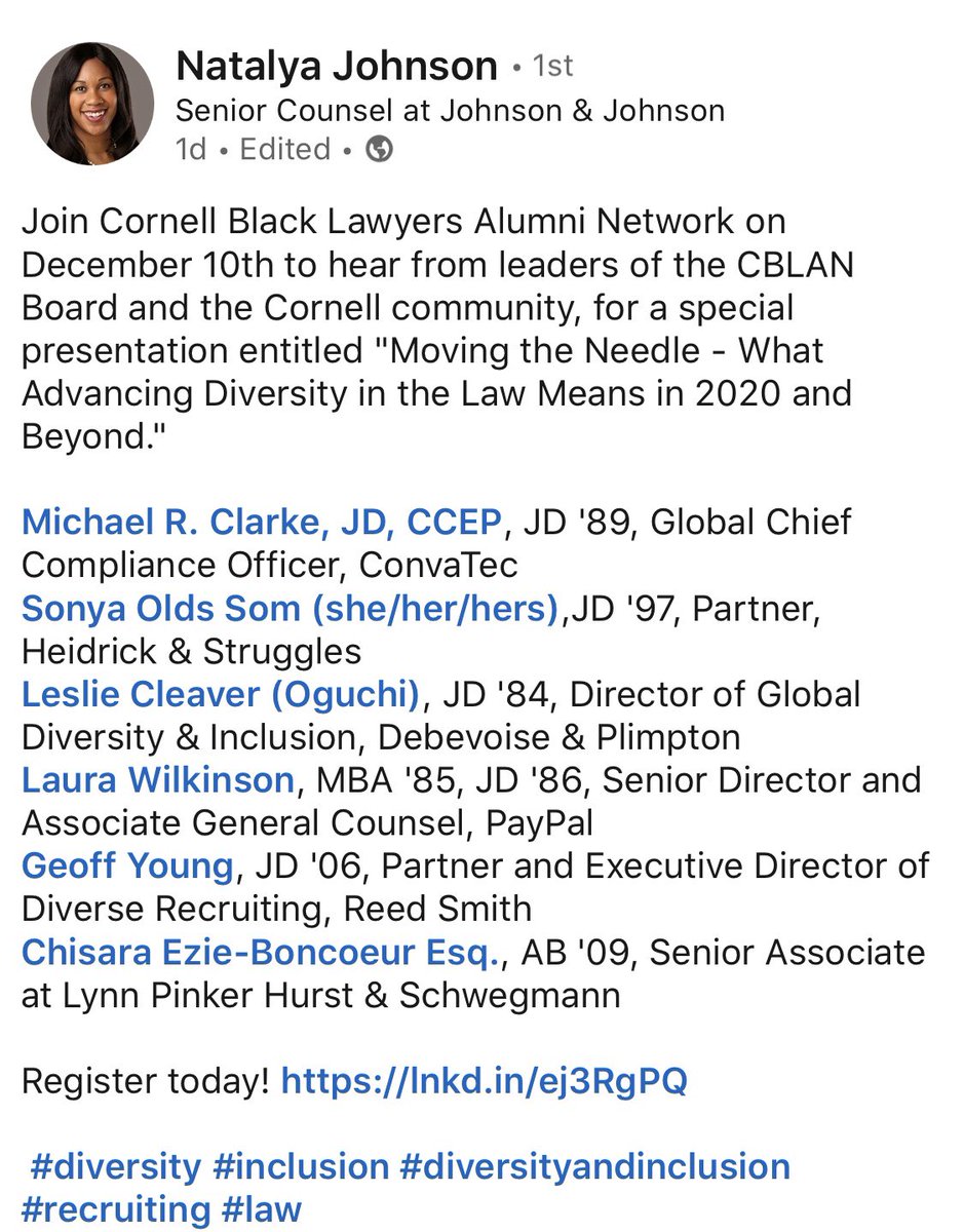 Looking forward to participating in this discussion! 

@CornellLaw @CornellAlumni @Cornell_PCCW @CBAA1976 

#DiversityAndInclusion
#RepresentationMatters 
#BlackLawyersMatter 
#BlackLawTwitter