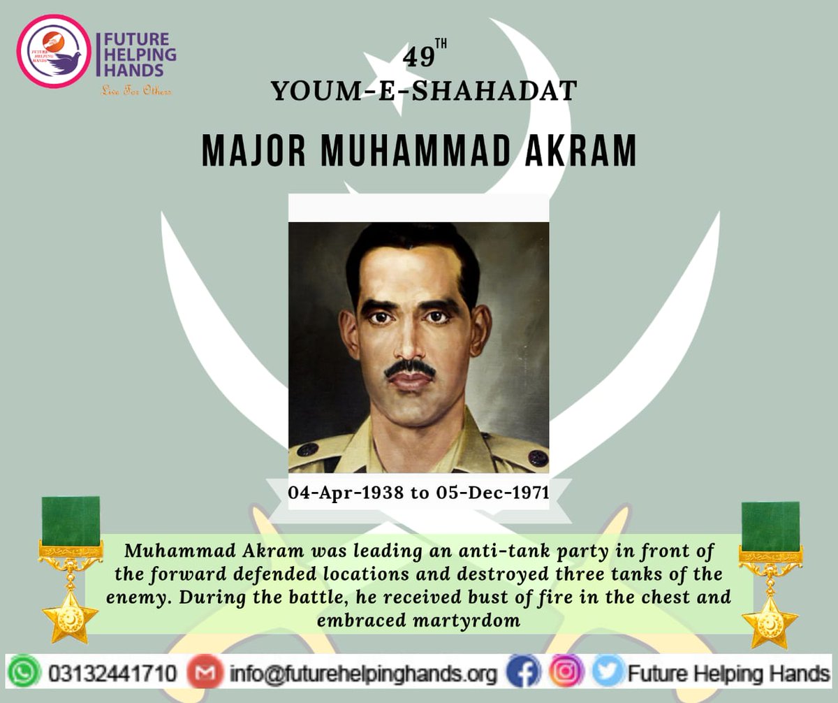 future_helping's tweet photo. FHH pays tribute the great, dynamic, extraordinary Major Muhammad Akram on his 49th death anniversary...
We all pray that May Al- mighty Allah elevate his ranks in Jannah Ameen❤️
#Owned_Nishane_Haider.
#Courageous_and_Sacrificed 
#Future_Helping_Hands
#live_for_Others https://t.co/YcRmCbWIar