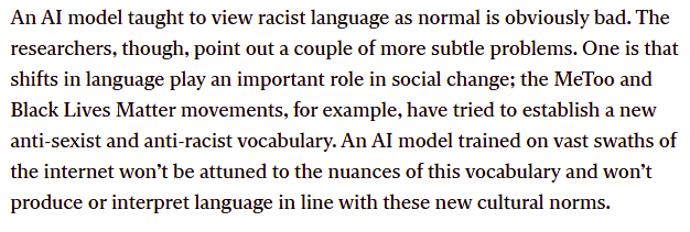 I'm pretty sure this is not fundamentally different from other, nonpolitical cases of language evolution, and pretty sure that the engineers who make these models know how to make them so that they reflect the language of 2020 rather than the language of 2015? Am I wrong?