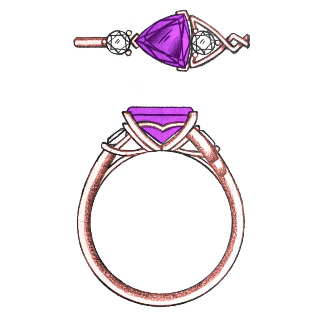 December birthdays get 3 birthstone choices -- including tanzanite, which we'll show off in this pretty ring. This design was based on the trillion cut tanzanite, with exploration of arrangements and side stones before the customer led the design to this asymmetrical arrangement.