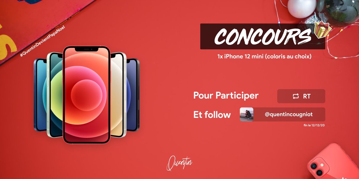 🎁 Un iPhone 12 mini coloris au choix à remporter 😍🎄

Pour participer à ce jeu concours :
1️⃣ #RT
2️⃣ #Follow <a href="/QuentinCougniot/">Quentin Cougniot</a> 
📈 Augmente tes chances en participant sur Instagram.
🗓 TAS : 12/12/20

#QuentinDevientPapaNoel #CONCOURS #Giveaway #Christmas  #Noel  #iPhone12mini 🎁