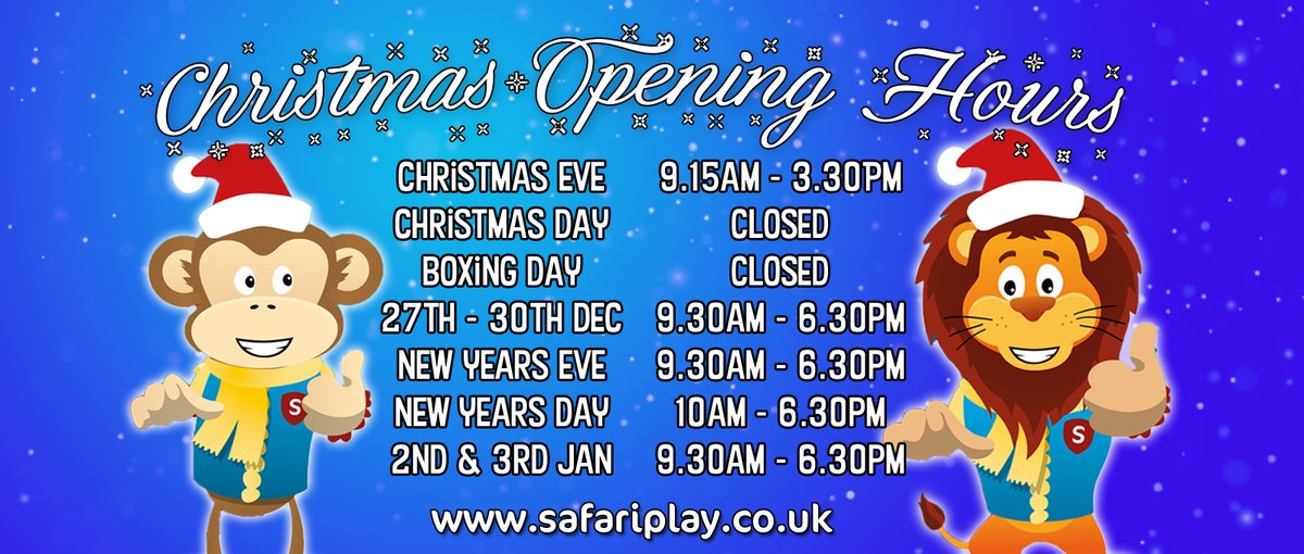 Take a look at our Christmas Hours for 2020! We'll be here for you to come and enjoy some festive fun with you little ones.

Open for Family Fun and great food this Christmas... 

#SafariMK #IndoorPlay #SoftPlay #MiltonKeynes