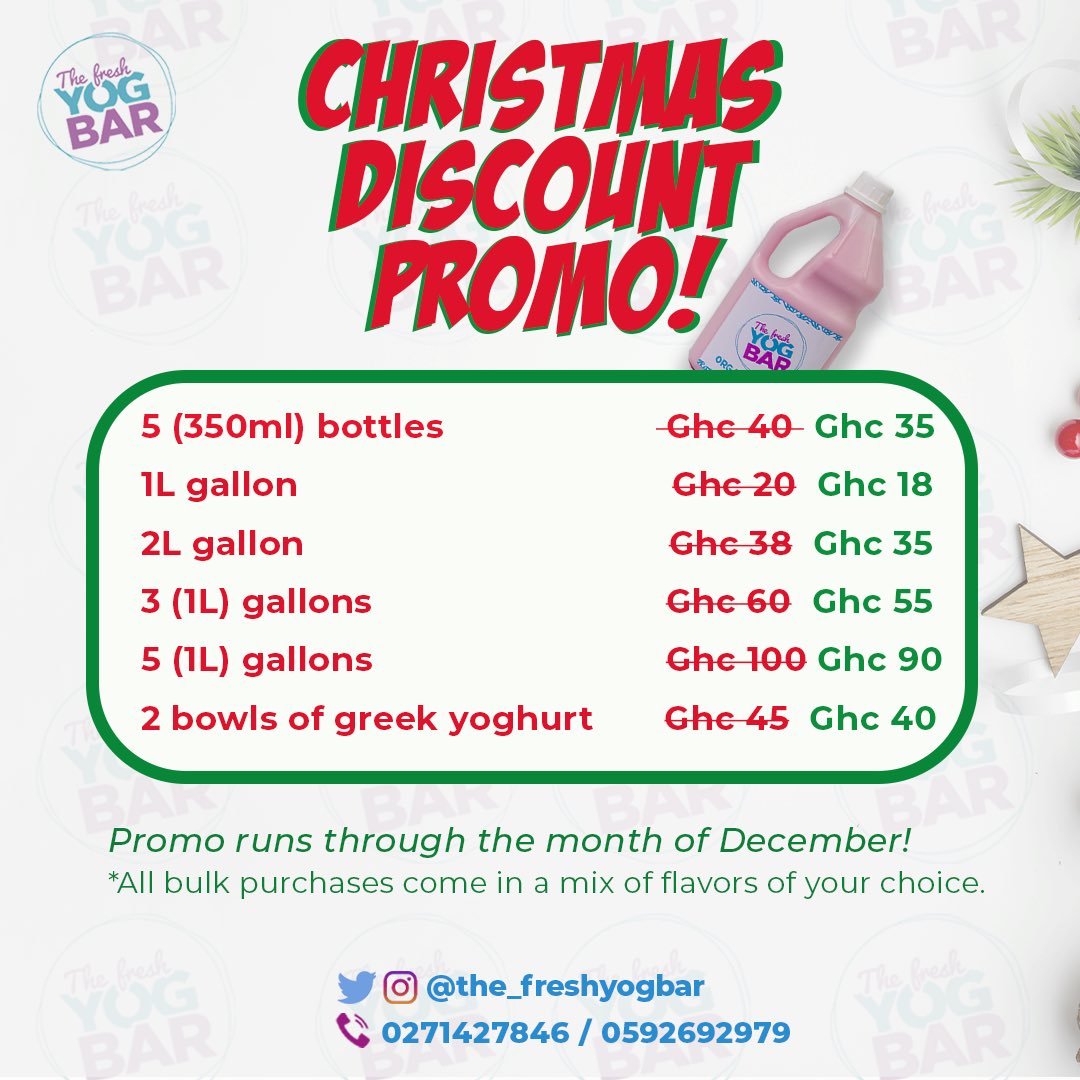 the_freshyogbar's tweet photo. Donkomi O! Donkomi! 🎉🥛

We have tear top o!
Ya titi so! We are giving you discounts this December! 🎉

Get a set of Five One Liter Bottles for Ghc90 instead of Ghc100!

#TheFreshYogBar
#DiscountPromo
#BestYouGhurt https://t.co/mR9zL3JPnz