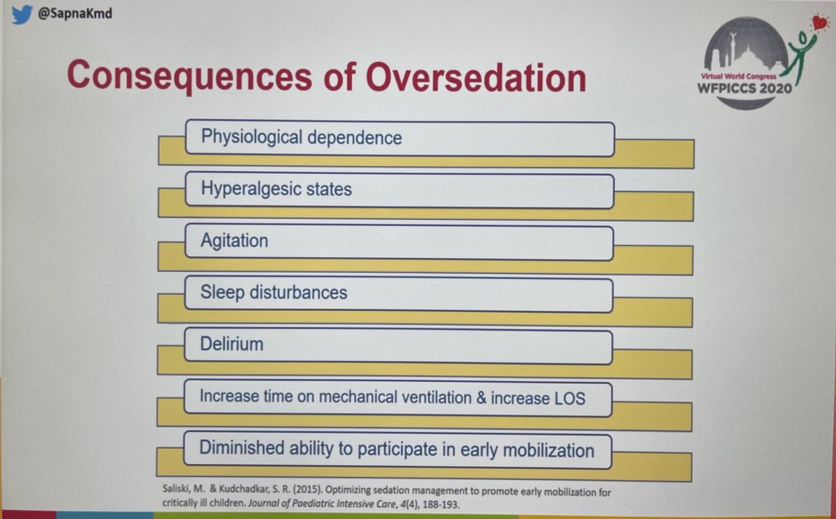 Once analgesia is obtained then sedation can be considered A key point  @SapnaKmd tells us is that sedation requirments do not just vary between patients, but even within the individual patients  #PedsICU admission There are consequences to over sedation #WFPICCS20  #ICURehab