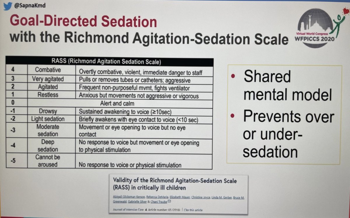 Given the complexity of sedation in  #PedsICU it is vital that we use sedation assessment toolsThis allows targeting of optimal sedation, allows standardised communication between professionals and removes our own biases  @SapnaKmd shows us some tools #ICURehab  #WFPICCS20