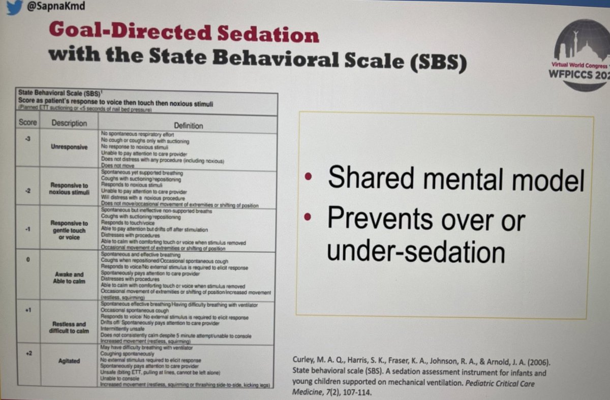 Given the complexity of sedation in  #PedsICU it is vital that we use sedation assessment toolsThis allows targeting of optimal sedation, allows standardised communication between professionals and removes our own biases  @SapnaKmd shows us some tools #ICURehab  #WFPICCS20