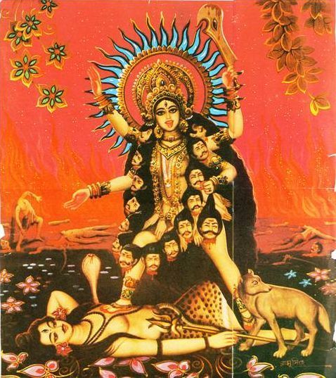 - Kali -Kali is the first. She is representing time. Kali is the first because creation begins with time. Before time, there is just pure potential. As cosmos begins, so does linear time, and along with it, duality. Good and evil, light and dark - each exists in relation.
