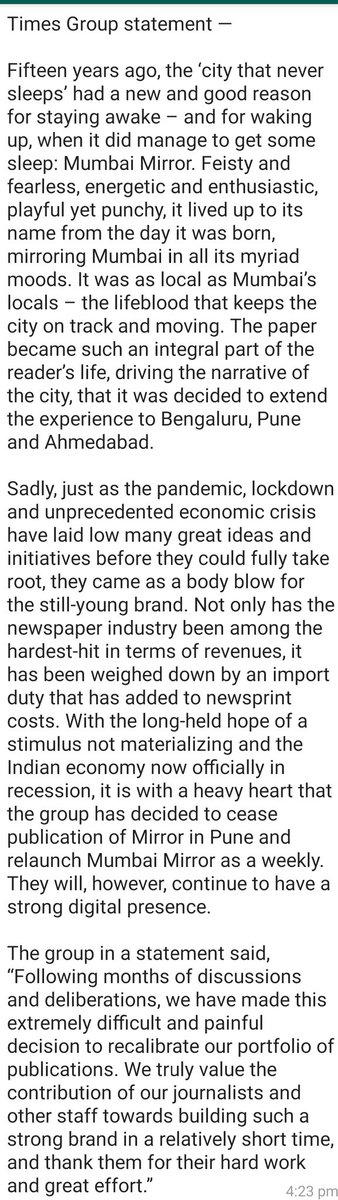 Mittermaniac's tweet photo. Times Group statement on Mumbai Mirror shutting down in Pune, and relaunching as a weekly in Mumbai.

The times are hard, oh boy! https://t.co/8VBqcZpJg6