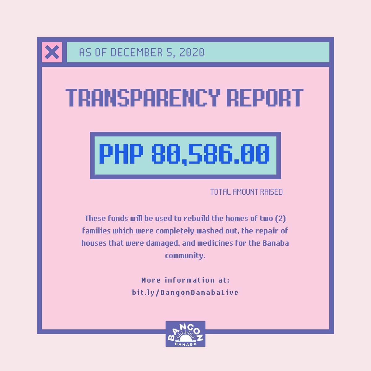 BangonBanaba's tweet photo. As of 8pm of DEC 5, we have collected a total of Php 80,586. We are beyond grateful and sincerely thank you for your support for the community, as this amount will be used to purchase construction materials for the rebuilding of two houses and medicine for the Banaba community. https://t.co/cLS0dkgkmn