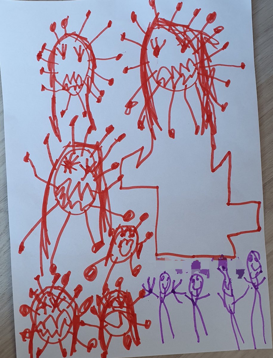 Borjana_A's tweet photo. Our 5y/o's drawing from this morning!
* in case you are wondering the purple things are people without masks. The reds, are somewhat self-explanatory
#coronadrawing #wearamask #sciparent #covid19 #kidsduringcovid #corona https://t.co/VRDqZf5hRh
