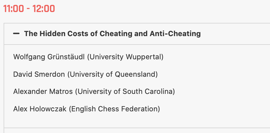 LondonChessConf's tweet photo. NOW: The Hidden Costs of Cheating and Anti-Cheating
Wolfgang Grünstäudl (University Wuppertal)
David Smerdon  @dsmerdon (University of Queensland)
Alexander Matros (University of South Carolina)
Alex Holowczak @alexholowczak (@ecfchess )
Hosted by Vince Negri @beyond_t_board https://t.co/HBcbsCscUr