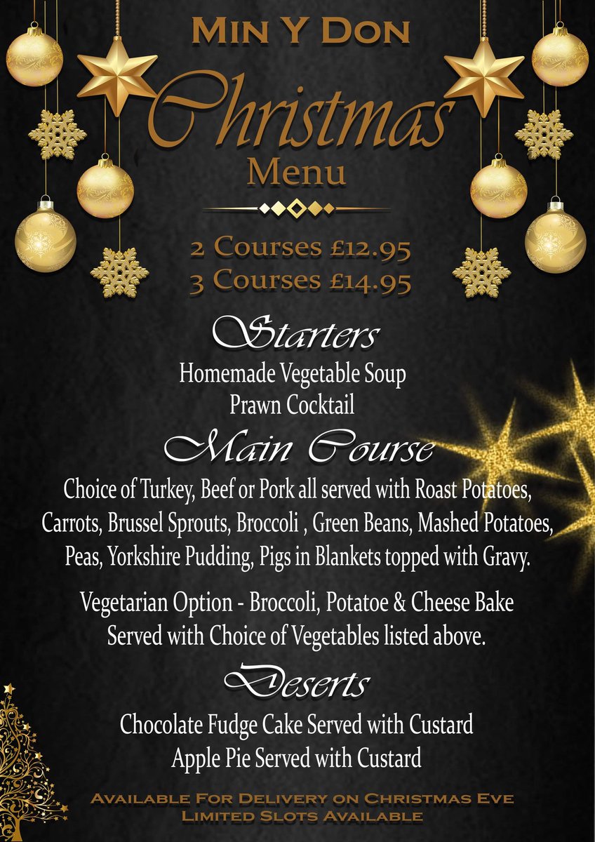Here it is our Christmas Dinner Delivery Menu. We do have limited slots available so please book in advance. FREE Delivery for under 3 miles.
Meals come hot in foil trays, easily be reheated the following day.
#christmasdinner #christmasdinnerdelivery #roasttogo #myd #towyn
