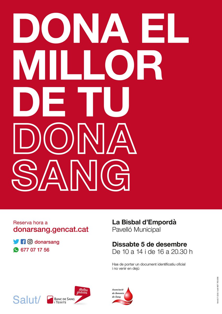 Avui és un bon dia per #donarsang 

Demana cita prèvia i apropa't al Pavelló Municipal de <a href="/labisbalemporda/">La Bisbal d'Empordà</a> , de 16 a 20.30h.

💉 Dona el millor de tu, dona sang!