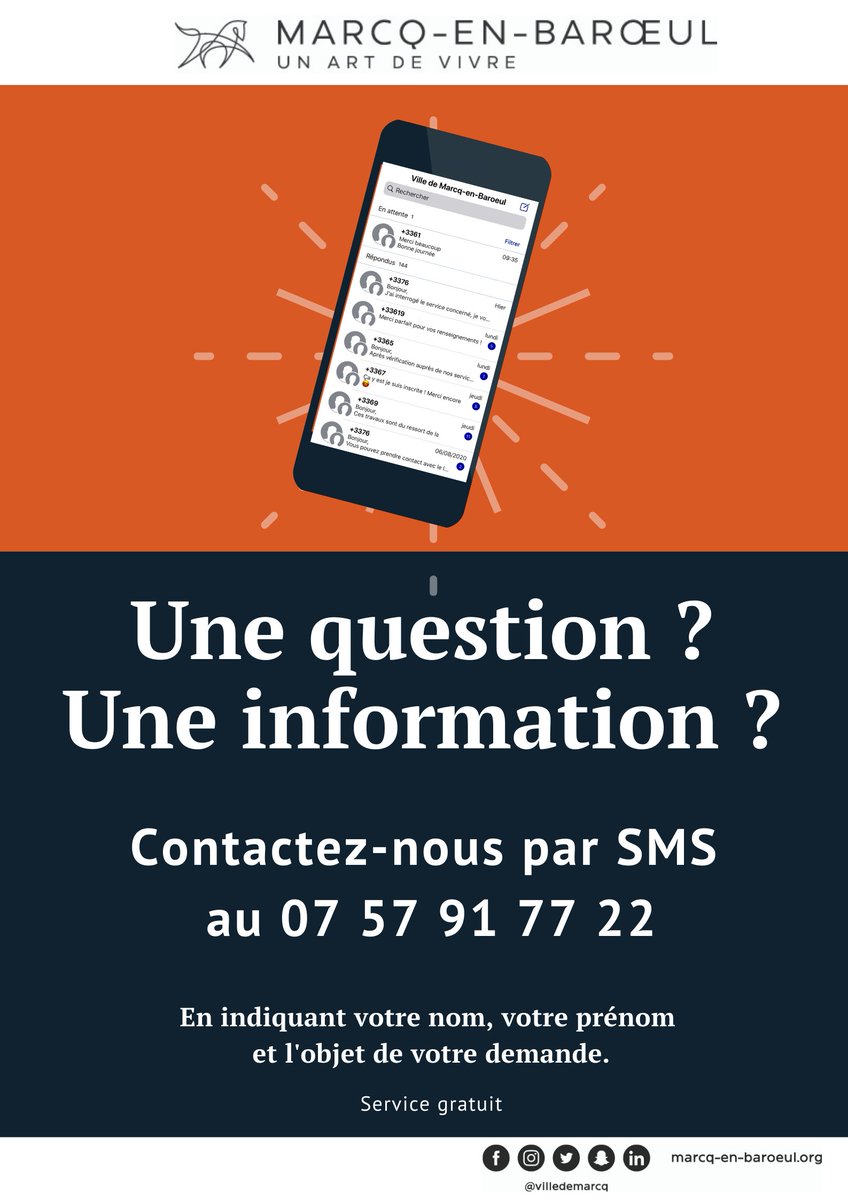 villedemarcq's tweet photo. Vous avez une question, vous souhaitez un renseignement, plus d'informations ? N'hésitez pas à nous contacter par SMS (service gratuit) au 07.57.91.77.22.

Une réponse vous sera apportée dans les plus brefs délais. Assurez-vous d’enregistrer notre numéro dans votre répertoire 😉. https://t.co/PFHRArY0fT
