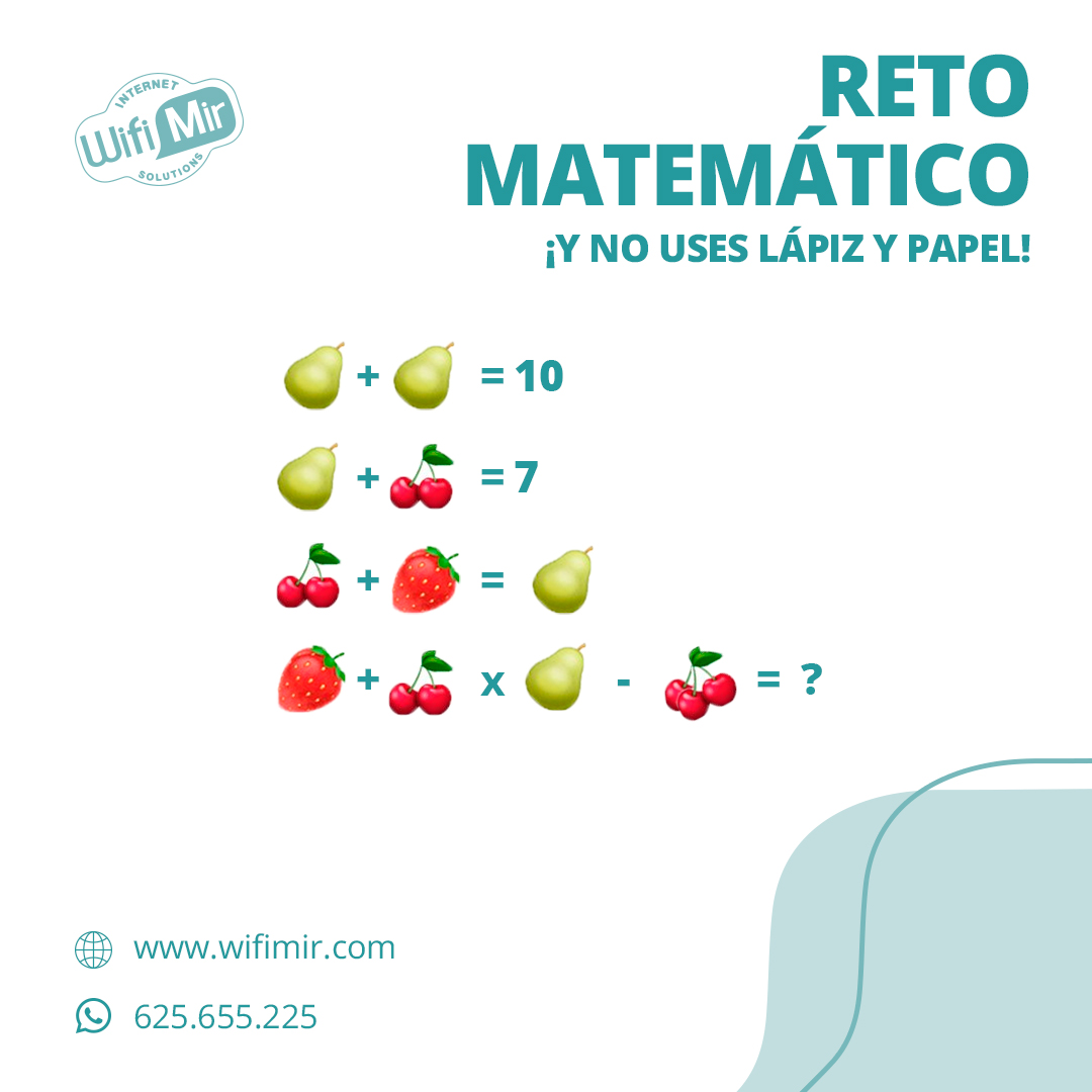 wifimir's tweet photo. Te traemos un sábado recreativo. 

En esta oportunidad tenemos para ustedes un problema matemático. Nos costo pero logramos resolverlo ¿Y tú, podrás hacerlo?   

Coméntanos si lo lograste pero no escribas la respuesta ➕➖

#4g #wifimir #4gespa #espa https://t.co/duv9upjGcF