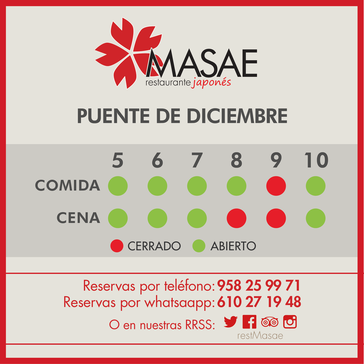 restmasae's tweet photo. Amigas y amigos del restaurante Masae.
Estamos de puente, y abrimos hasta el martes al medio día para que podamos disfrutar juntos. Siempre cumpliento todas las medidas de seguridad, claro esta.

¡Os esperamos! #sushi #puente #granada #日本料理 https://t.co/WWNzGgUBAt