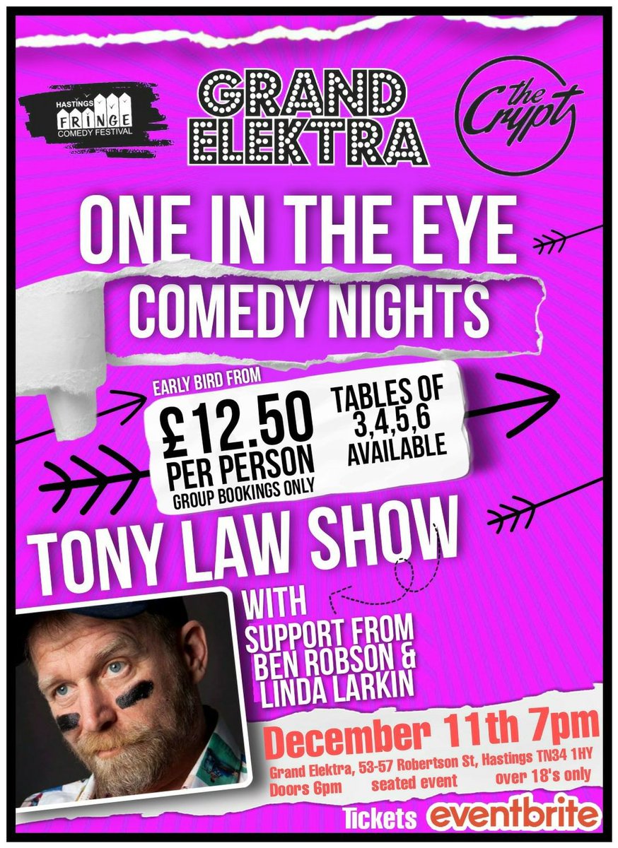 Excited to be MCing this delightful Tony Law show on Friday 11th Dec! 

Think there's a couple of tables left if you like tables (You get to keep the tables I think).

#HastingsComedy #Comedy #StandupComedy