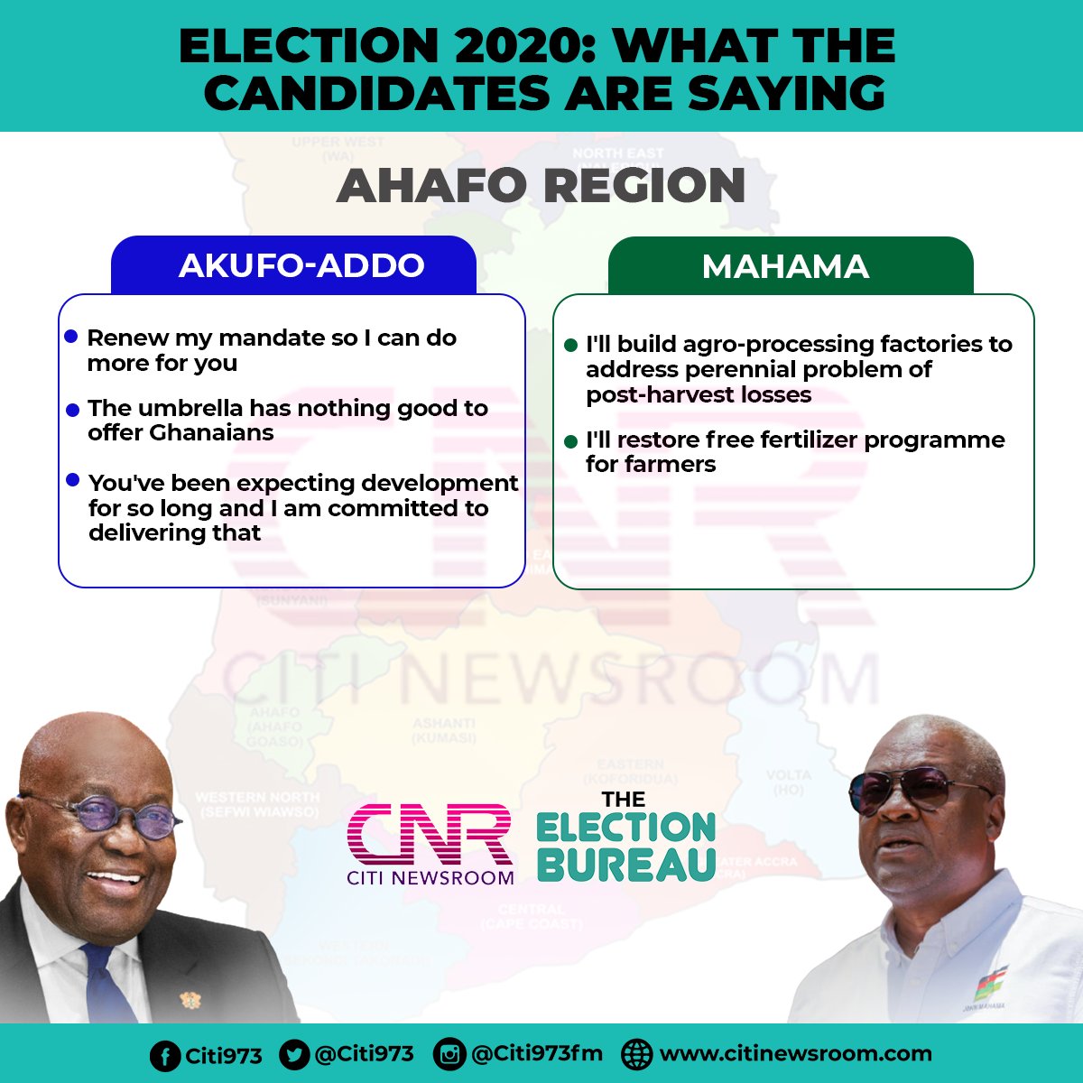 Here's what the two leading presidential candidates, NPP's  @NAkufoAddo and NDC's  @JDMahama have been telling residents of the Ahafo Region on their recent campaign stops there. #TheElectionBureau  #GhElections