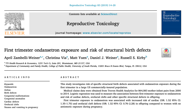 2/In 2019 EMA changed pregnancy labelling for ondansetron to "should not be used in the first trimester of pregnancy" This effectively put patients and physicians between a rock and a hard place.Decision based on 2 large epidemiological studies each comprising > 80.000 exposed