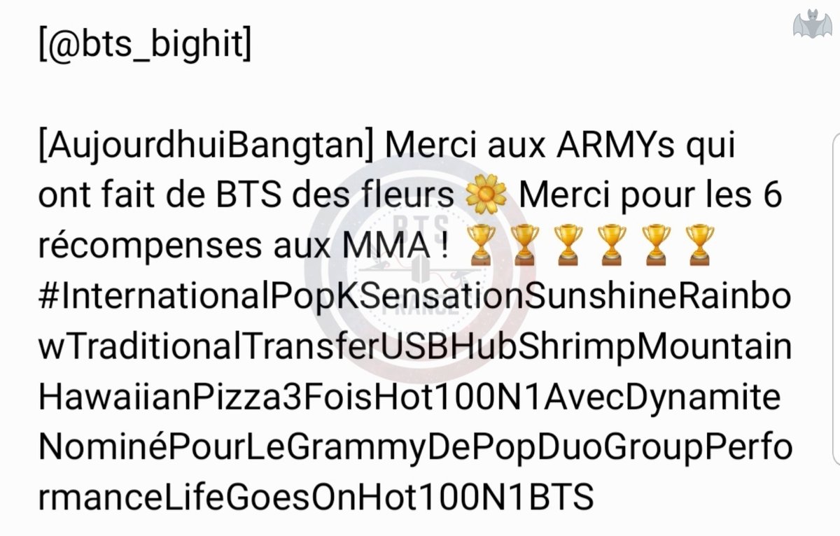 BTSFRANCE_'s tweet photo. [@bts_bighit] 

[AujourdhuiBangtan] Merci aux ARMYs qui ont fait de BTS des fleurs 🌼 Merci pour les 6 récompenses aux MMA ! 🏆🏆🏆🏆🏆🏆

<Traduction française du tweet de @bts_bighit. 🦇> https://t.co/ozP0Ld8cLq