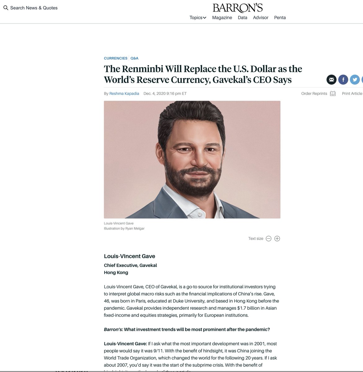 Barron's The Renminbi Will Replace the U.S. Dollar as the World’s Reserve Currency, Gavekal’s CEO Says