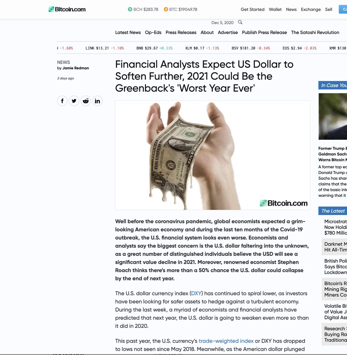 Financial Analysts Expect US Dollar to Soften Further, 2021 Could Be the Greenback's 'Worst Year Ever'