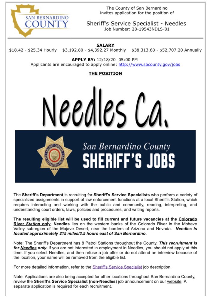 CORiverStation's tweet photo. UPDATED ANNOUNCEMENT The CRS has openings for two Sheriff’s Service Specialists. Applications accepted through December 18. To apply go to: https://t.co/VI4mkwJ5UA This is a full time position with benefits in Needles ONLY https://t.co/QSREdKT7Nd