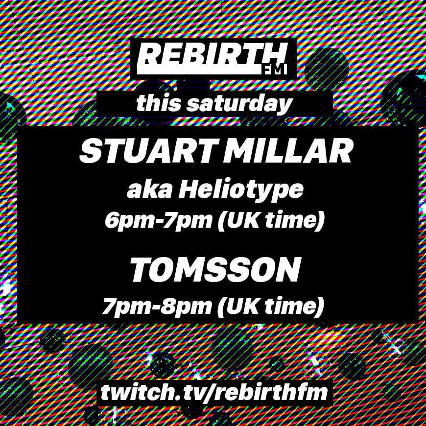 How’s your Saturday so far? We go live tonight from 6pm with <a href="/StuartMillar/">Stuart Millar</a> bringing you a big slice of house, followed by <a href="/tomssonofficial/">TOMSSON</a> with tantalising techno. Twitch.tv/rebirthfm #webringthemusic #protectmusicsaveculture #onlineradio #house #techno