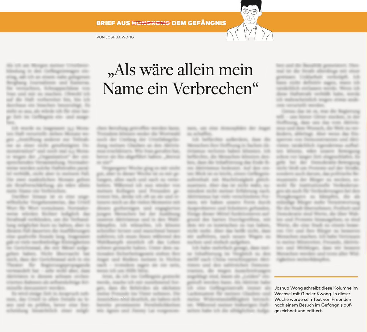 WELTAMSONNTAG's tweet photo. Am Mittwoch ist unser Kolumnist, Freiheitsaktivist @joshuawongcf zu mehr als einem Jahr Gefängnis verurteilt worden. In einem längeren Brief berichtet er in #WELTAMSONNTAG exklusiv aus dem Gefängnis. https://t.co/0UBKWpG7Ww