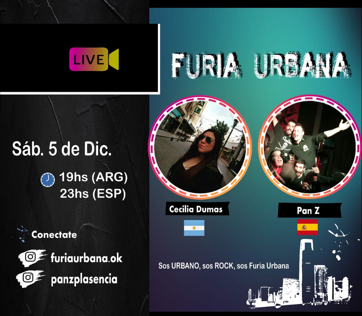 No os la perdáis este sábado a las 23h hora española entrevista vía Instagram!!! 
Tendremos el placer de ser entrevistados por Cecilia Dumas de #furiaurbana con motivo del próximo evento en el que vamos a participar. El Eterfest desde Argentina!!!! 
Os esperamos!!! 🤘🤘