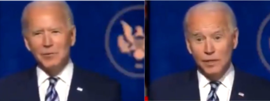 Furthermore, it's a small difference because he clearly has makeup on, but on the left is before he begins to speak and on the right is after. He clearly loses coloring around his eyes and forehead, which is another sign of lying... when people get pale.