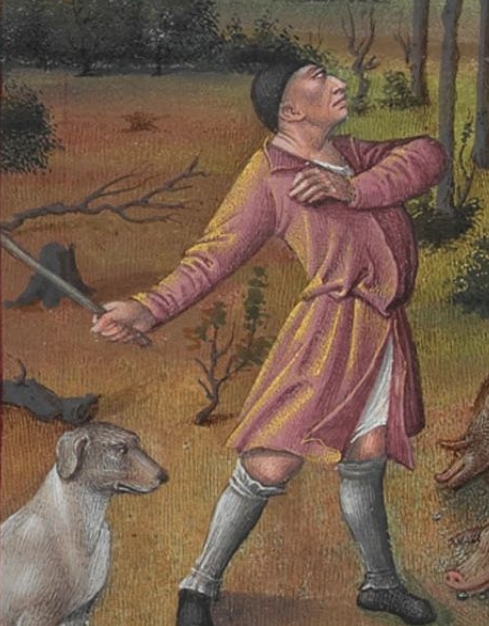 NovemberThe pig herder, pigs didn't wander the streets of cities much, they lived in the nearby woods or by farms, at worst in someone's yard.Here the men responsible for the (lords?) pigs are throwing sticks in the trees so acorns fall for feeding.The pigs look so happy!