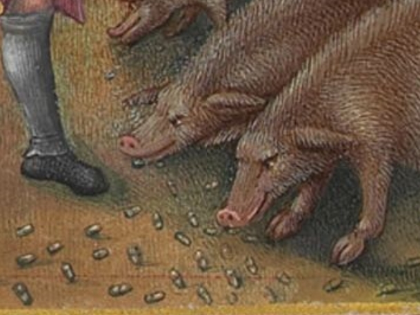 NovemberThe pig herder, pigs didn't wander the streets of cities much, they lived in the nearby woods or by farms, at worst in someone's yard.Here the men responsible for the (lords?) pigs are throwing sticks in the trees so acorns fall for feeding.The pigs look so happy!