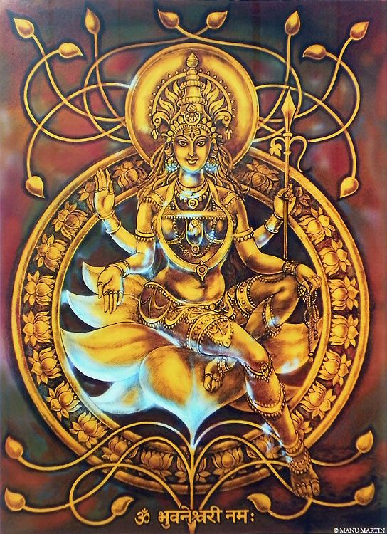 - Bhuvaneshwari -In this manifestation, the goddess represents space. It is the act of the limitless Divine limiting itself in space. When the Divine turns towards manifestation in order to see Himself reflected in many form, is the function of Bhuvaneshwari.