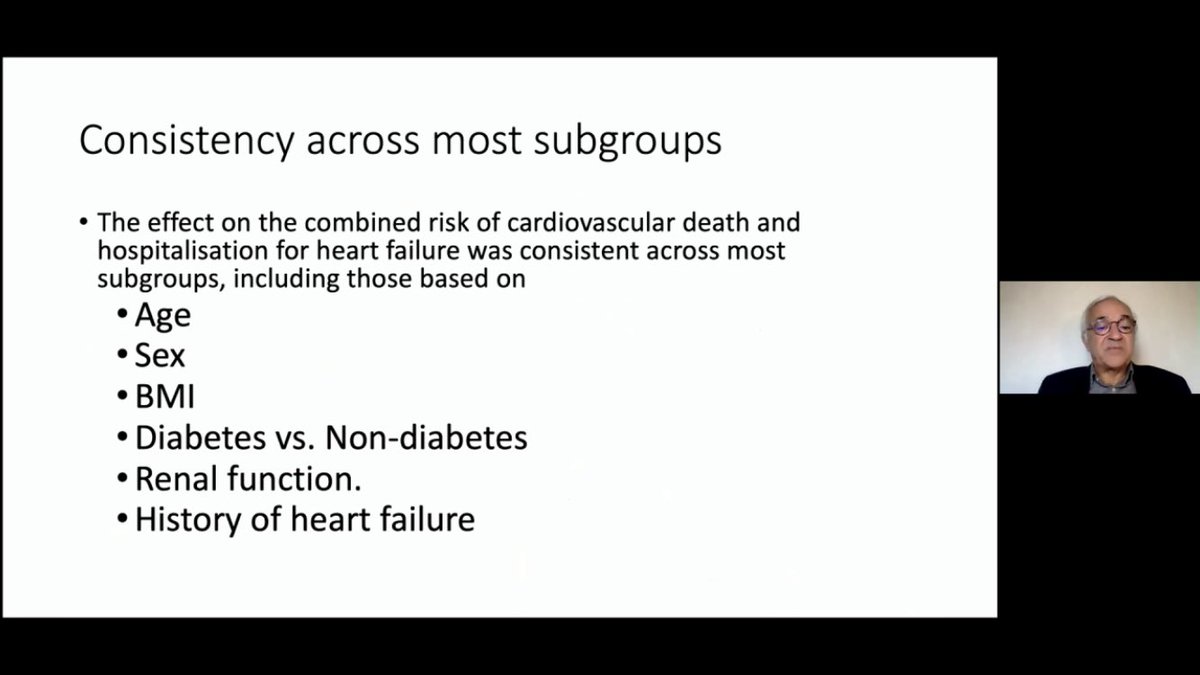 Beneficial effects irrespective of diabetes status, use of ARNI or baseline renal function Benefits seen across spectrum of age, gender, BMI, history of  #heartfailure