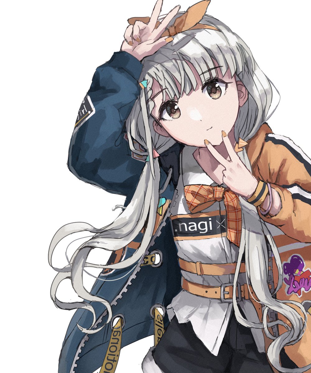 hisakawa nagi 1girl solo jacket twintails shorts grey hair v  illustration images
