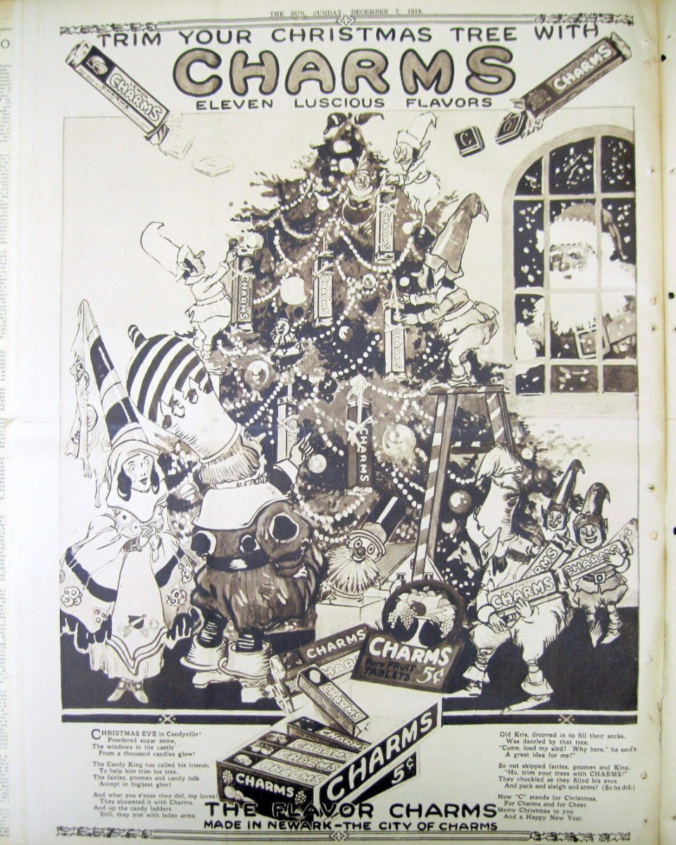 This 1919 ad suggests Charms for your Christmas tree.  Started in 1912, these candies would become a staple in military rations during WWII.  Choose from the WWI or WWII style wrapper. wwiisoldier.com/?s=charms&post…