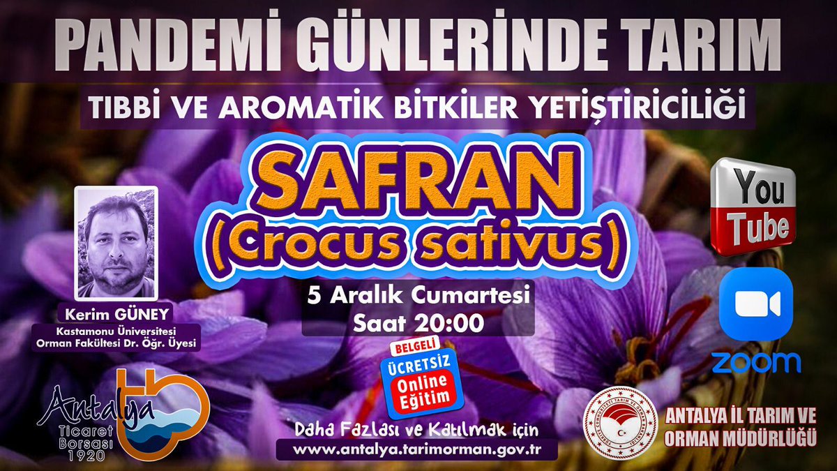 PANDEMİ GÜNLERİNDE TARIM-1

<a href="/antalyaborsa/">Antalya Ticaret Borsası</a> işbirliğinde <a href="/kastamonuunv/">Kastamonu Üniversitesi</a> Dr.Öğr.Üyesi Kerim GÜNEY'le

Tıbbi ve Aromatik Bitkiler Yetiştiriciliği 1.dersimiz #Safran ile başlıyor

<a href="/gokhankaraca_/">Gökhan Karaca</a> <a href="/alicandir/">ALİ ÇANDIR</a> <a href="/ersinyazici1/">Ersin YAZICI</a> <a href="/bekirpakdemirli/">Dr. Bekir Pakdemirli</a> 

🗓 05.12.2020
🕙 20:00
📍 Zoom&amp;YouTube