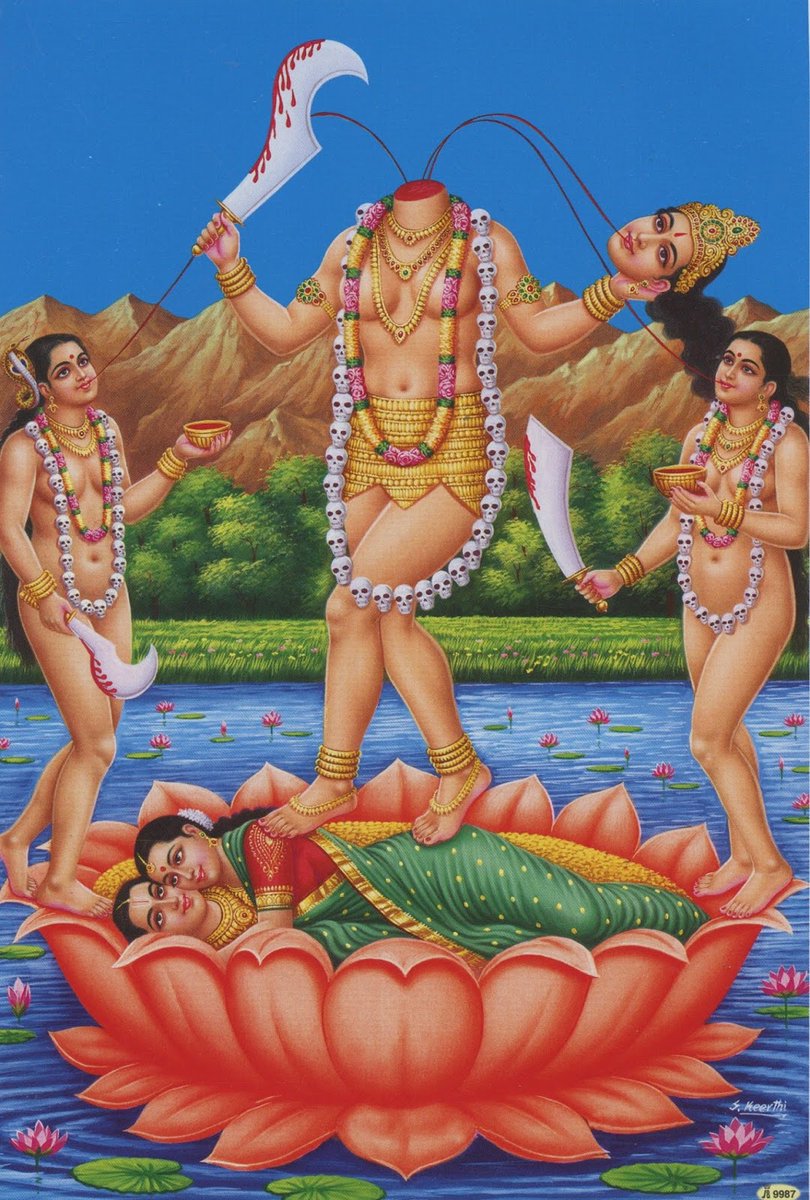 Through our individual self, humans believe themselves separate from God or Creator. Through her compassion, Chinnamasta beheads herself - cuts & destroys the very thing she created & allows for unity. All paradoxes, all dualities, all separation are reconciled in this unity.