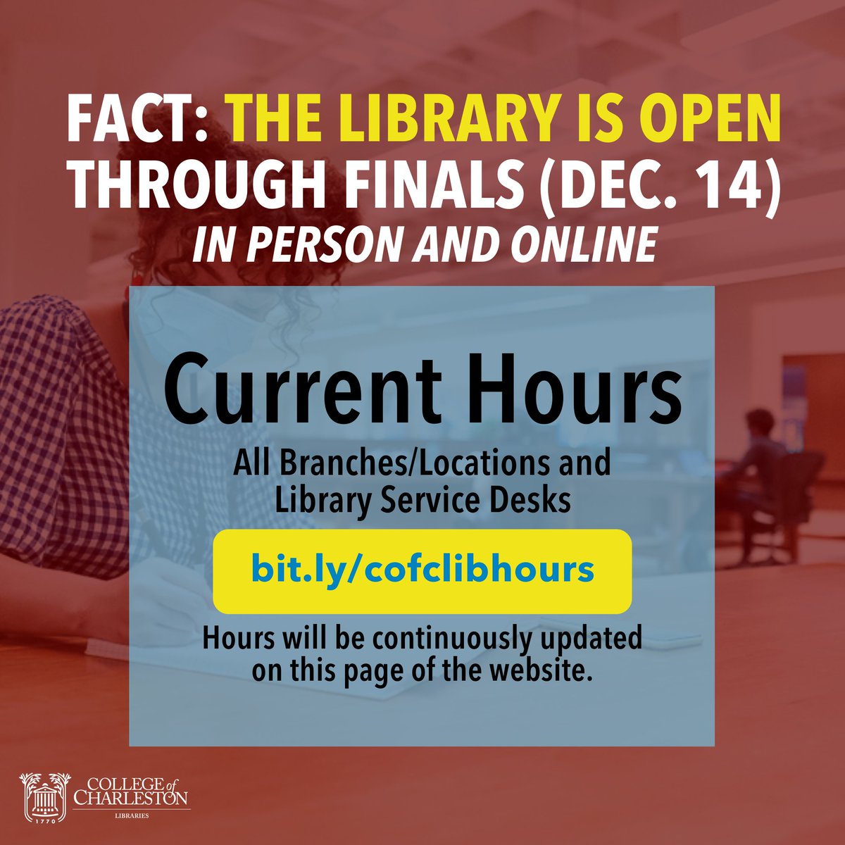 cofccountdown's tweet photo. The Addlestone Library is open until 11 pm tonight for your quiet study and good wi fi needs.  Masks required and don’t forget your cougar card!  

#cofc #cougarcountdown #studytime #Addlestonelibrary https://t.co/zHCpgS2wDs