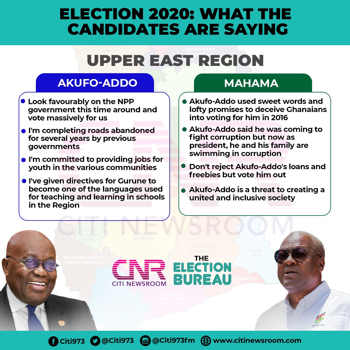 Here's what the two leading presidential candidates, NPP's  @NAkufoAddo and NDC's  @JDMahama have been telling residents of the Upper East Region on their campaign stops there. #TheElectionBureau  #GhElections