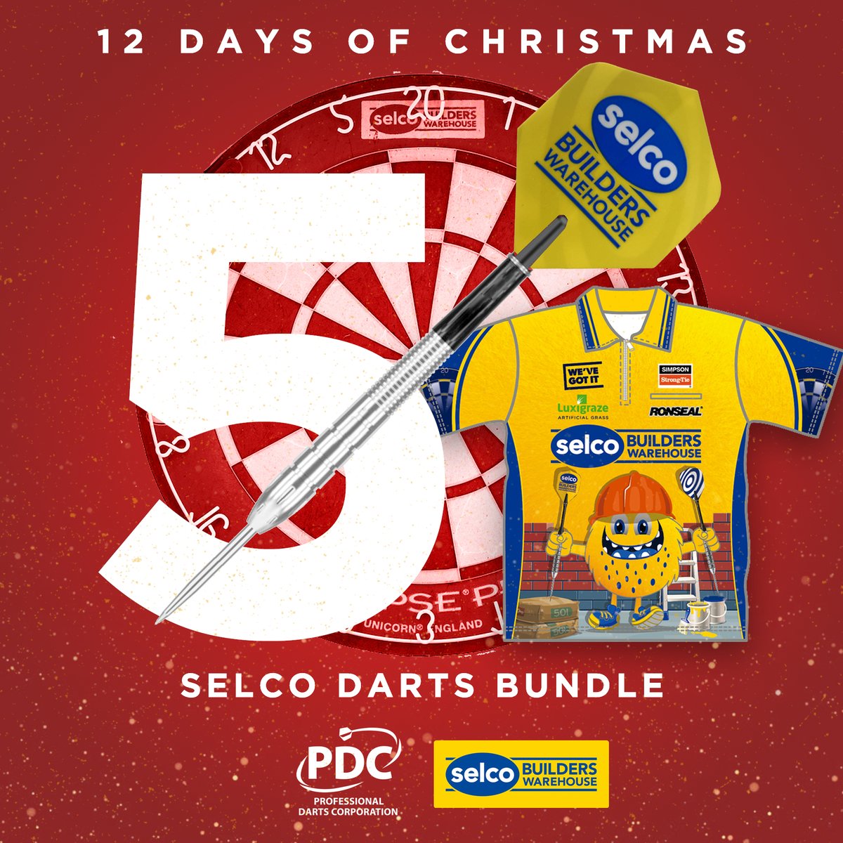 DAY 5️⃣ GIVEAWAY!

<a href="/SelcoBW/">Selco Builders Warehouse</a> are giving you the chance to #Win an amazing Selco Darts bundle - board, darts and shirt - on day five of the PDC's 12 Days of Christmas 🎄

Simply RT this post and comment below for your chance to win this brilliant prize!