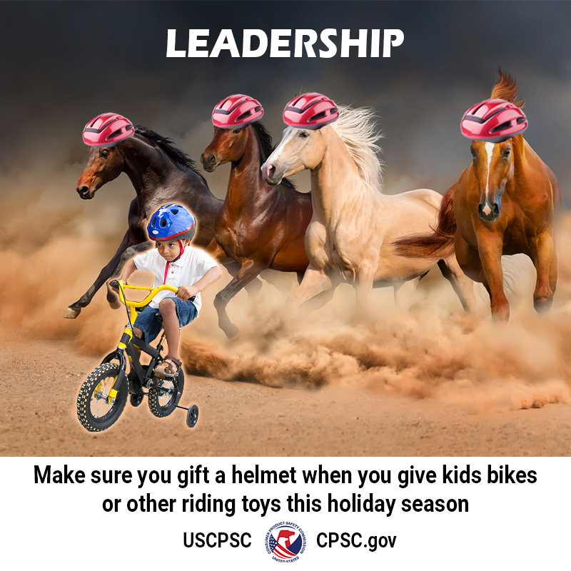 A kid on a big leading a heard of horses. They are all wearing helmets. The text reads: Make sure you gift a helmet when you give kids bikes or other riding toys this holiday season.